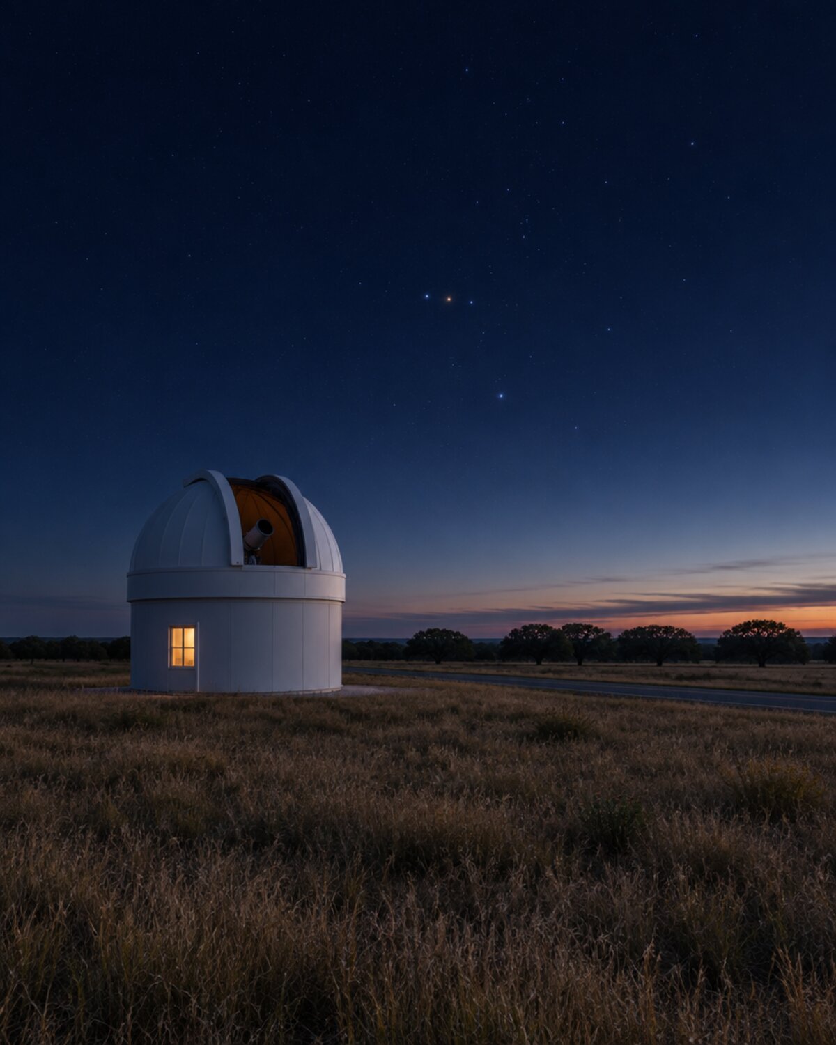 A small observatory dome on the North Texas prairie at dusk under Orion's Belt